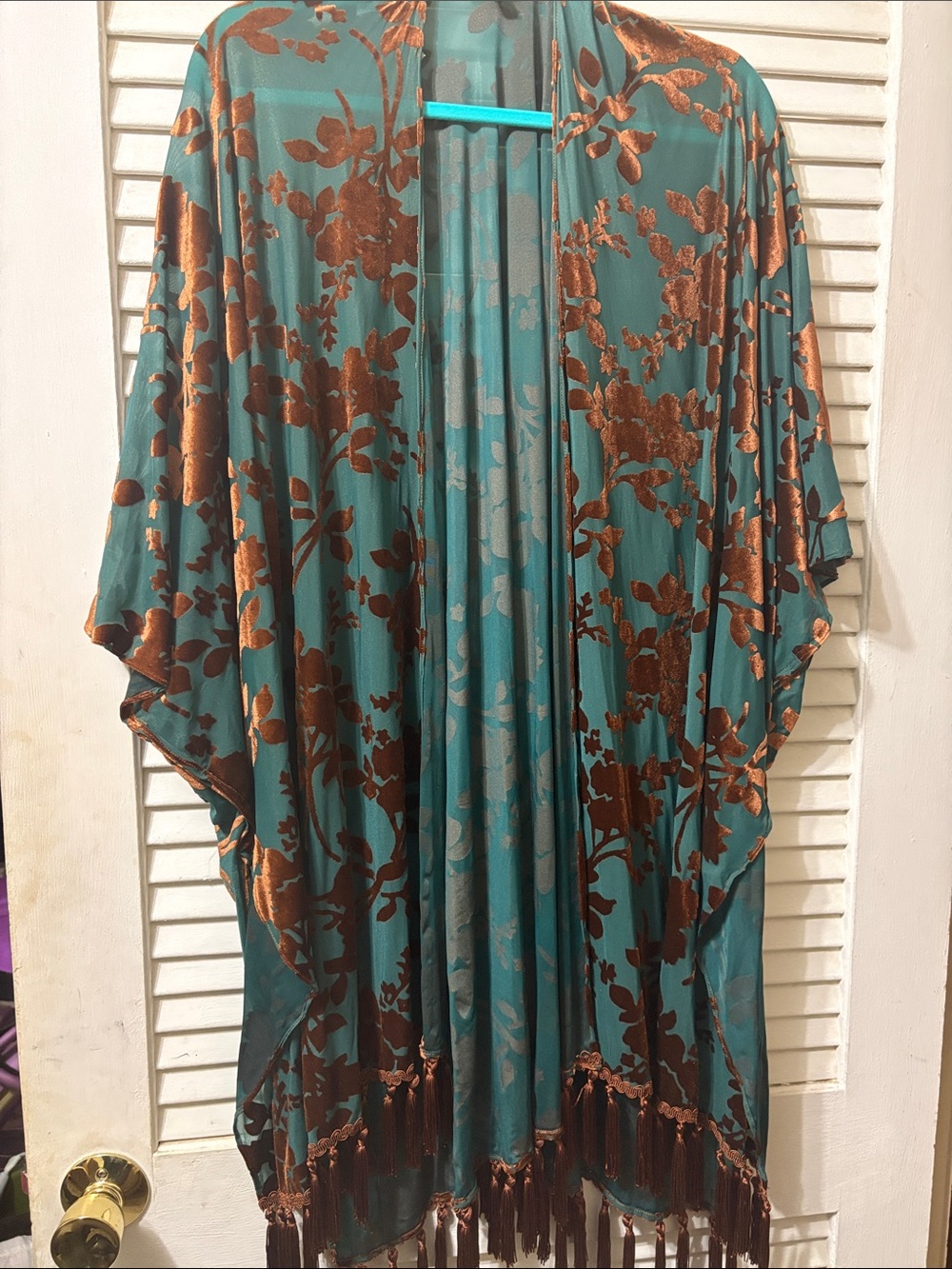 Umgee Teal and Copper Floral Fringe Kimono Wrap
